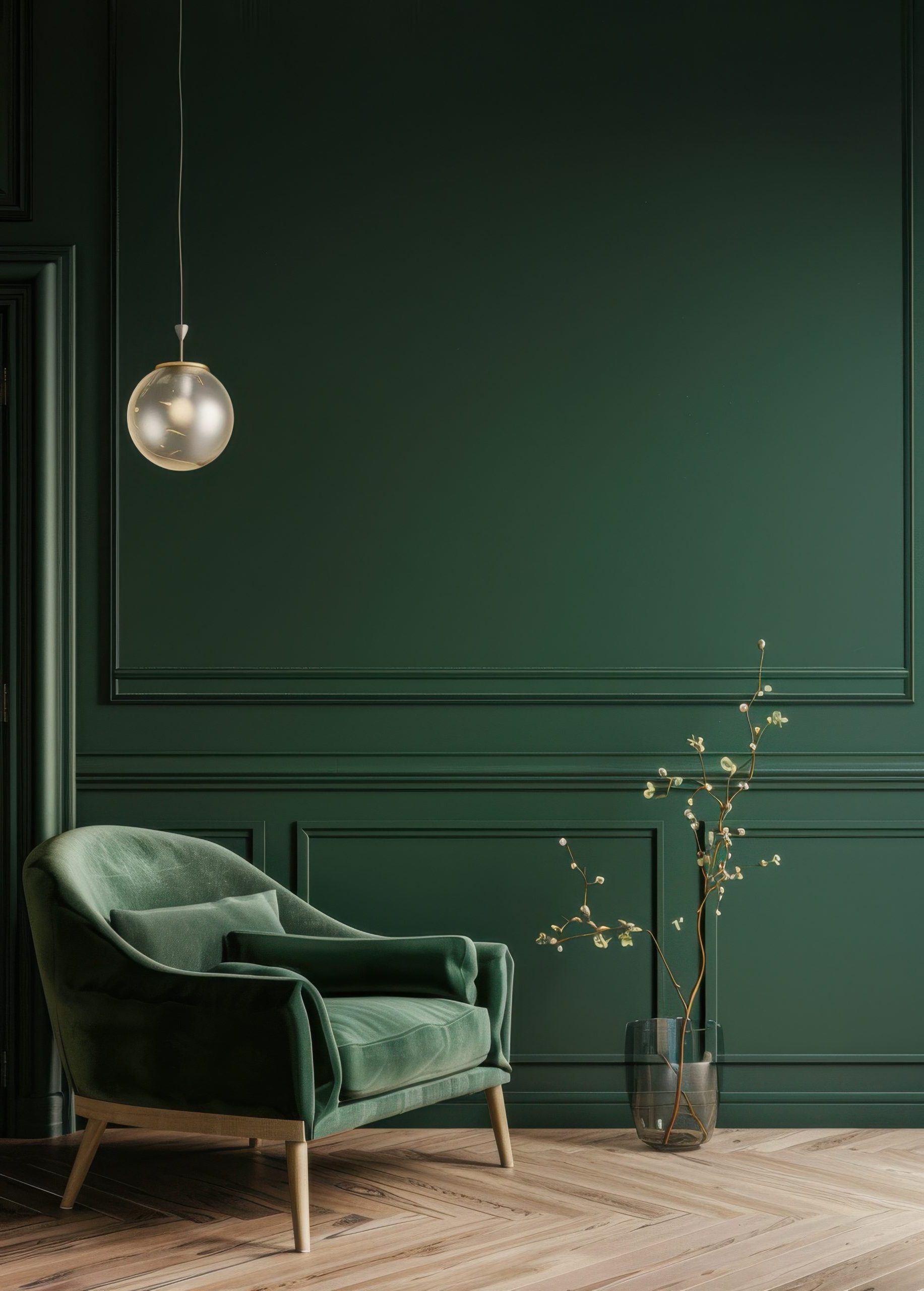 Elegant green interior design with a velvet armchair, stylish lamp, and minimalist decor. The dark green wall adds sophistication to the room